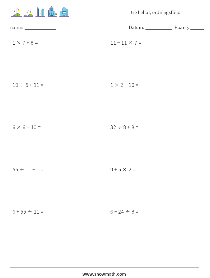 (10) tre heltal, ordningsföljd Matematiska arbetsblad 14