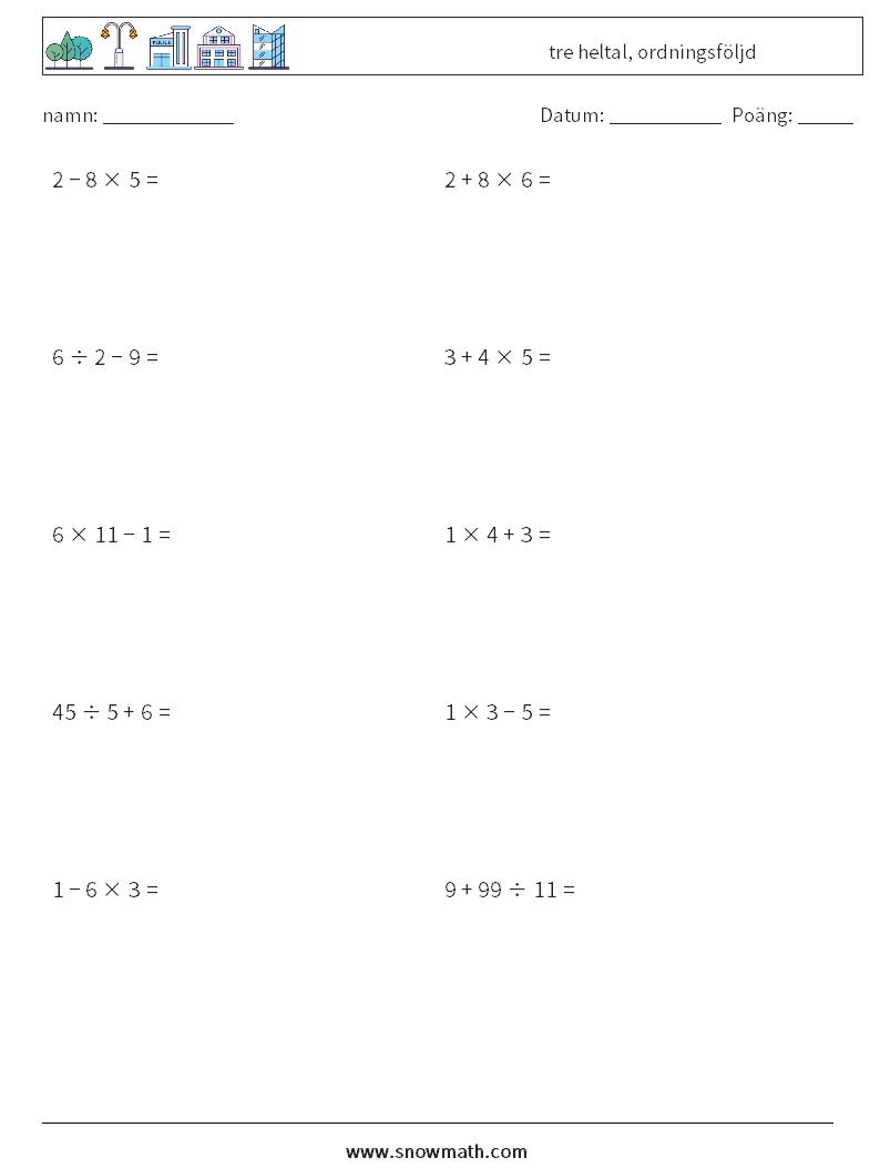(10) tre heltal, ordningsföljd Matematiska arbetsblad 15