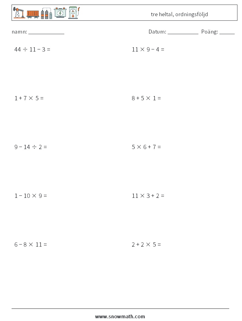 (10) tre heltal, ordningsföljd Matematiska arbetsblad 16