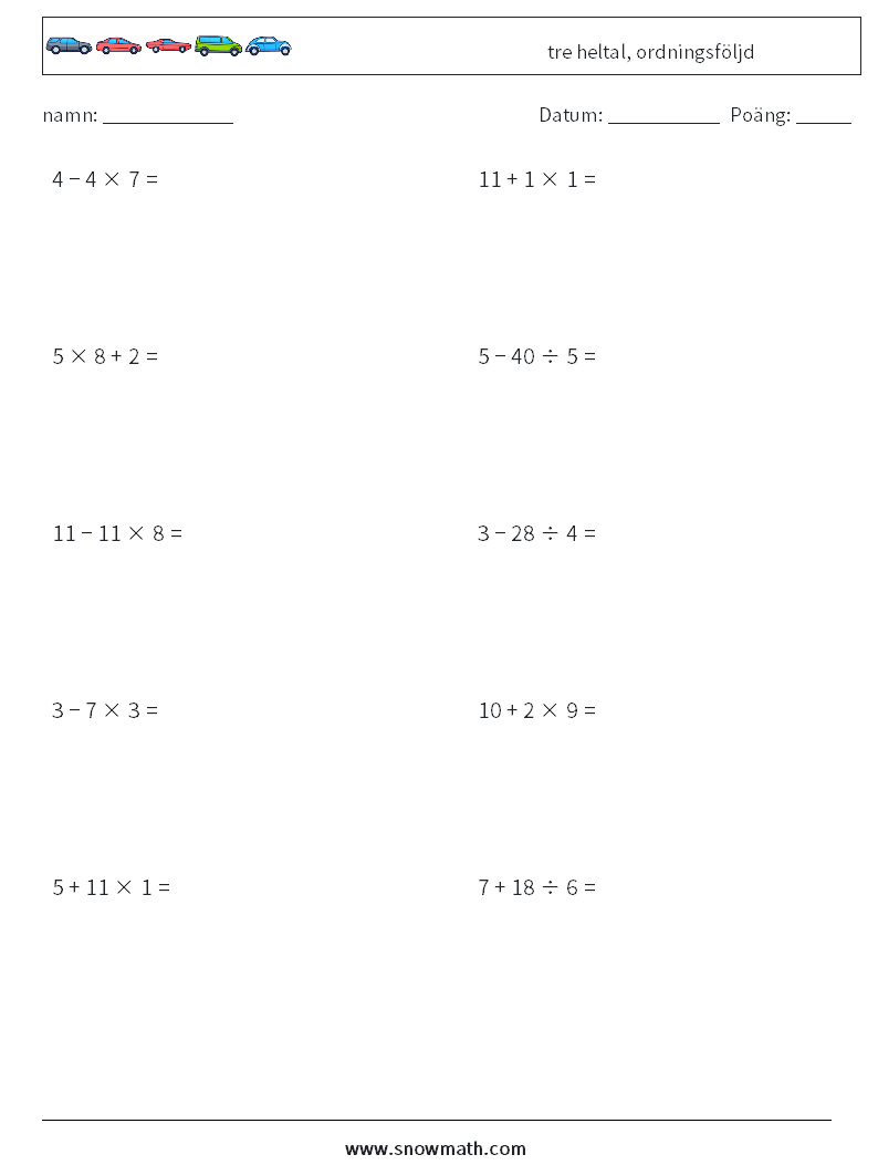 (10) tre heltal, ordningsföljd Matematiska arbetsblad 17