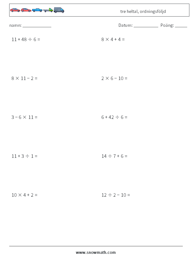 (10) tre heltal, ordningsföljd Matematiska arbetsblad 4