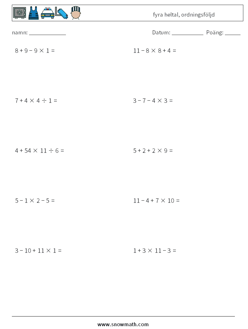 (10) fyra heltal, ordningsföljd Matematiska arbetsblad 1