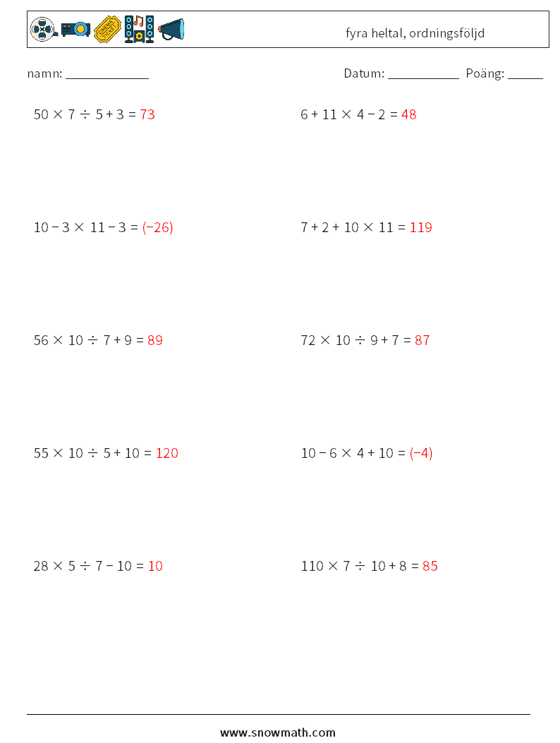 (10) fyra heltal, ordningsföljd Matematiska arbetsblad 2 Fråga, svar