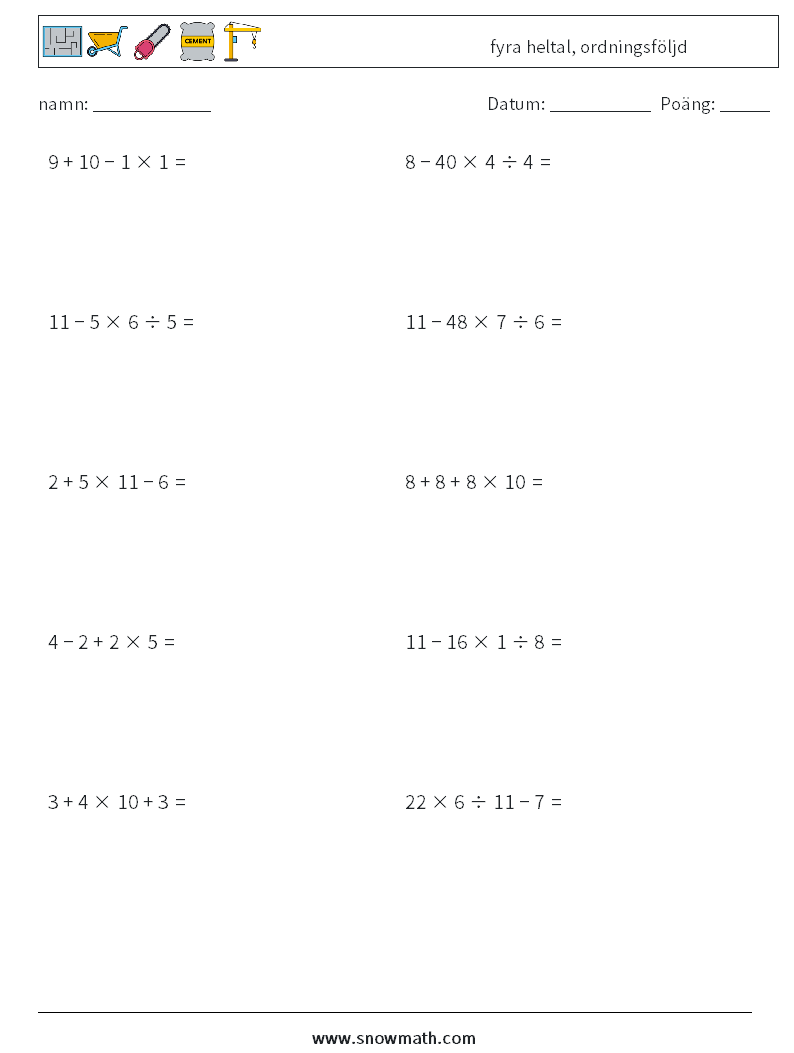 (10) fyra heltal, ordningsföljd Matematiska arbetsblad 3