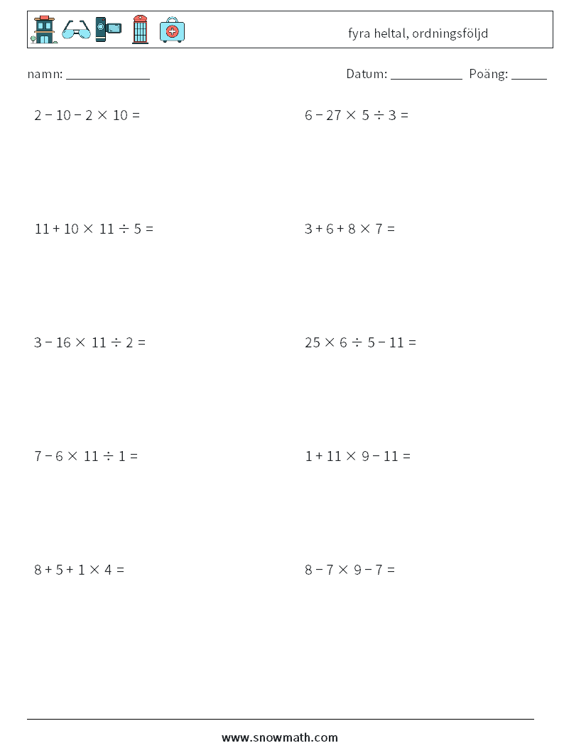 (10) fyra heltal, ordningsföljd Matematiska arbetsblad 5