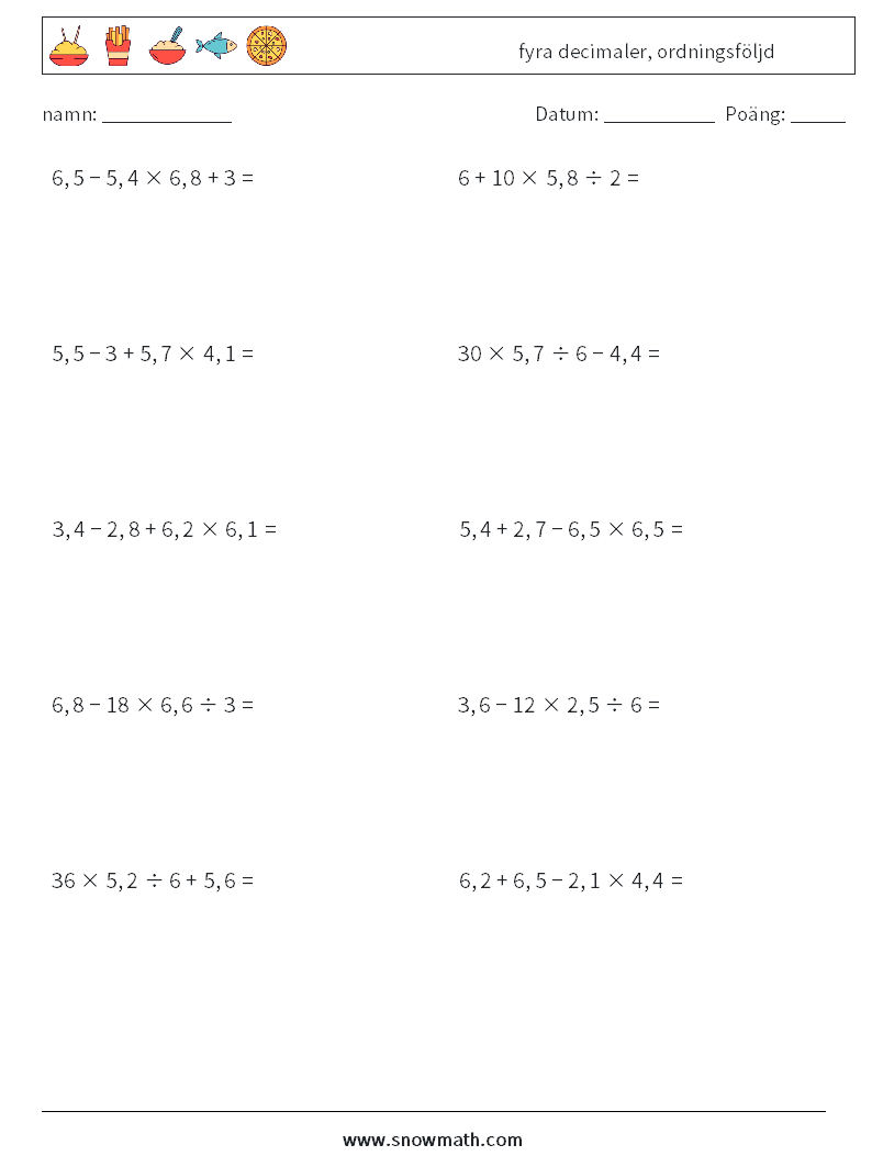 (10) fyra decimaler, ordningsföljd Matematiska arbetsblad 9