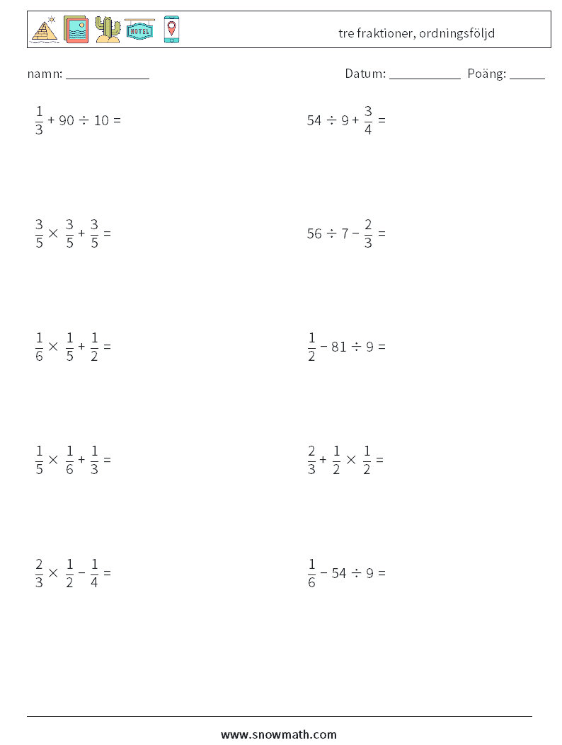 (10) tre fraktioner, ordningsföljd Matematiska arbetsblad 12