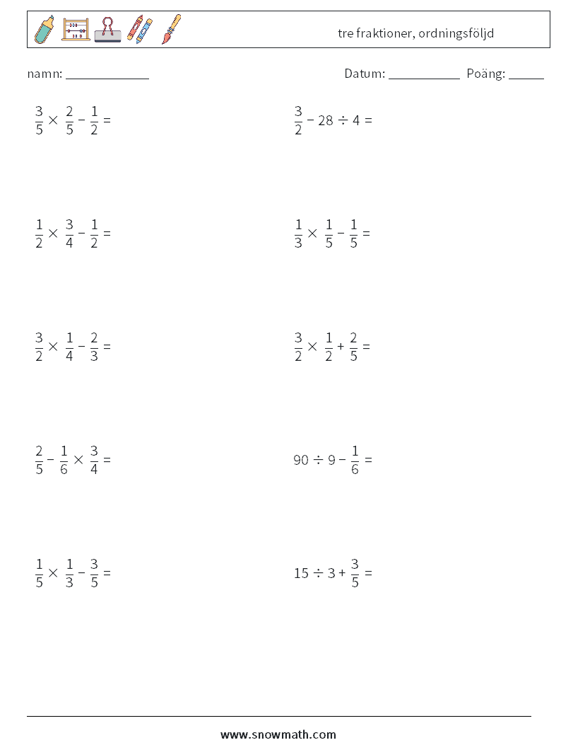 (10) tre fraktioner, ordningsföljd Matematiska arbetsblad 15
