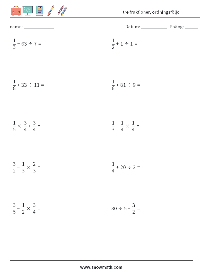 (10) tre fraktioner, ordningsföljd Matematiska arbetsblad 16
