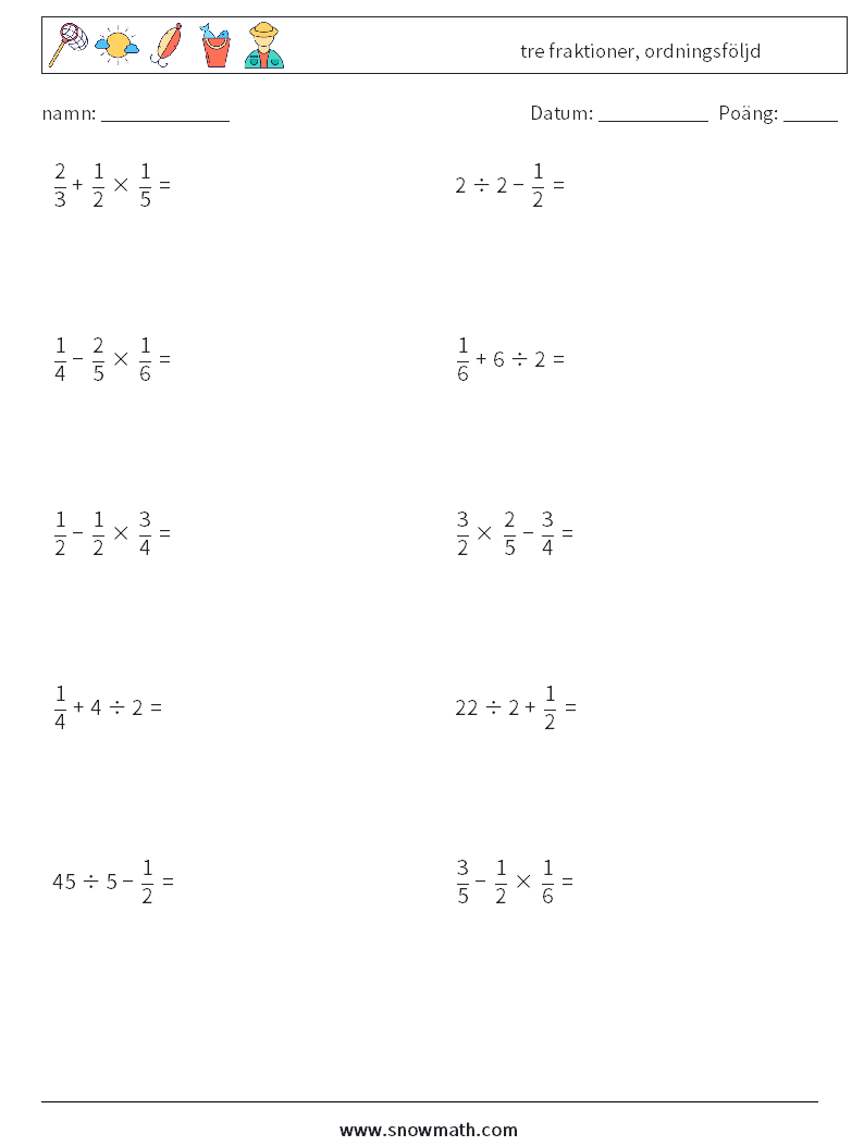 (10) tre fraktioner, ordningsföljd Matematiska arbetsblad 6