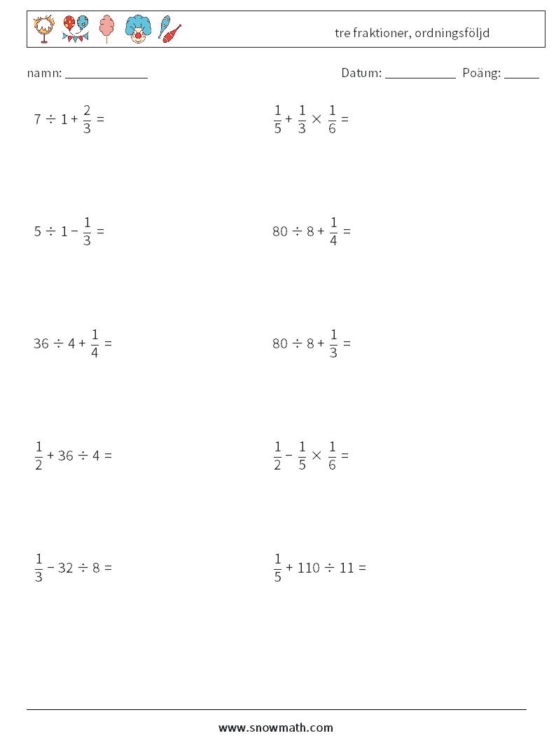 (10) tre fraktioner, ordningsföljd Matematiska arbetsblad 9