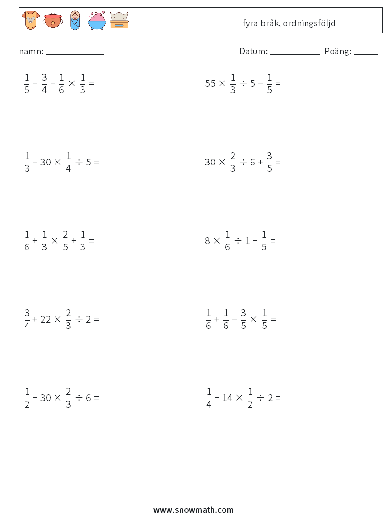 (10) fyra bråk, ordningsföljd Matematiska arbetsblad 1