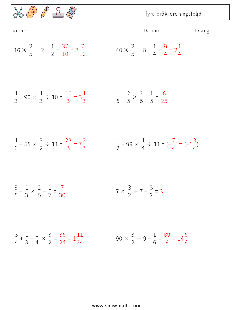 (10) fyra bråk, ordningsföljd Matematiska arbetsblad 10 Fråga, svar