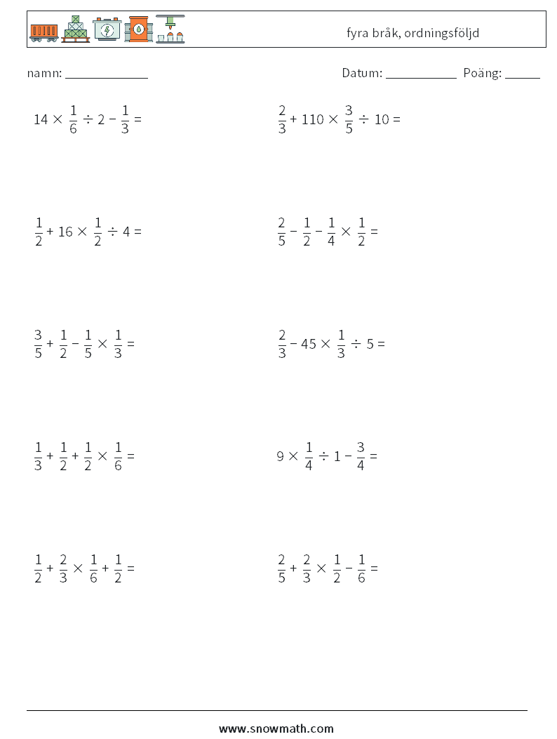 (10) fyra bråk, ordningsföljd Matematiska arbetsblad 11