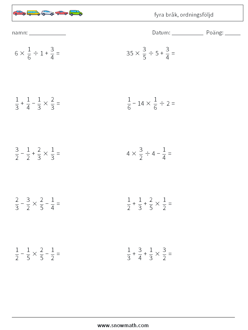 (10) fyra bråk, ordningsföljd Matematiska arbetsblad 12