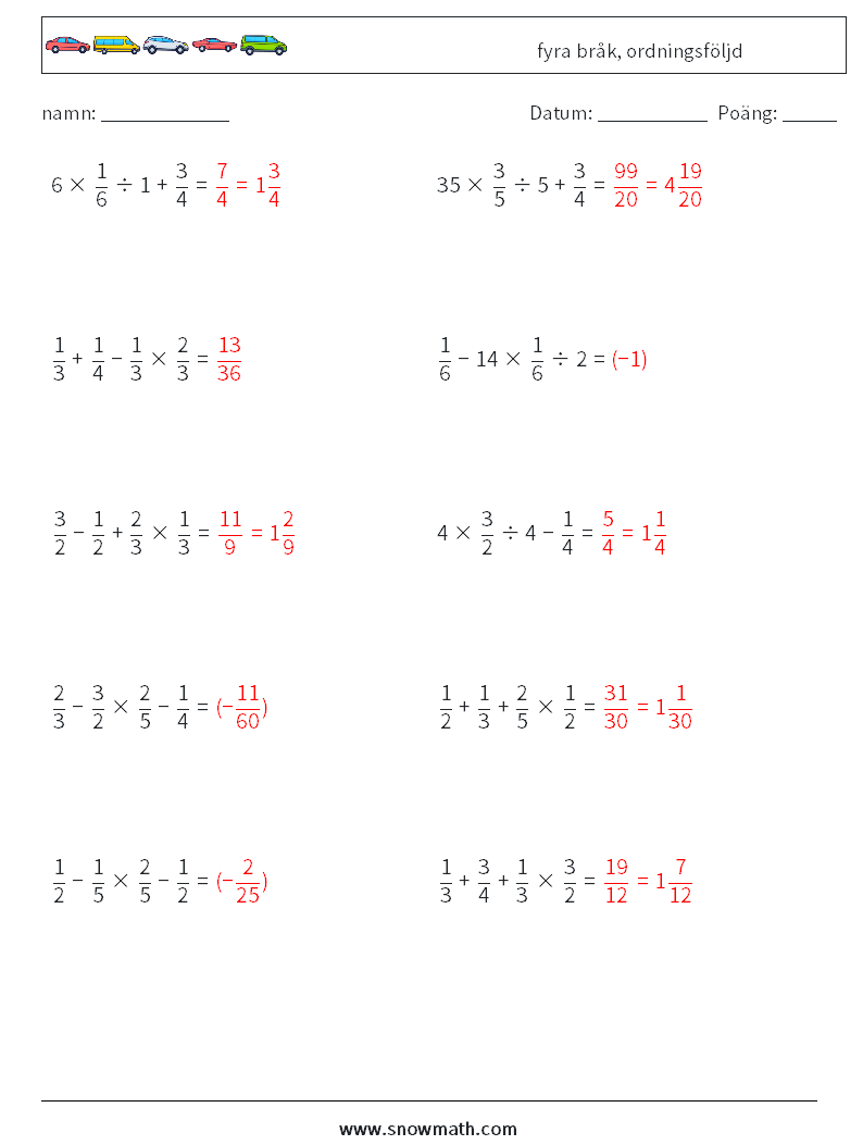 (10) fyra bråk, ordningsföljd Matematiska arbetsblad 12 Fråga, svar