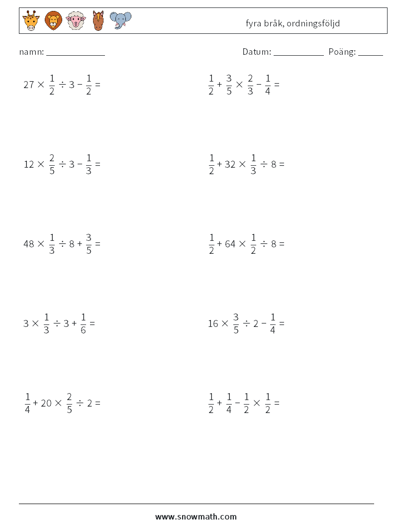 (10) fyra bråk, ordningsföljd Matematiska arbetsblad 13