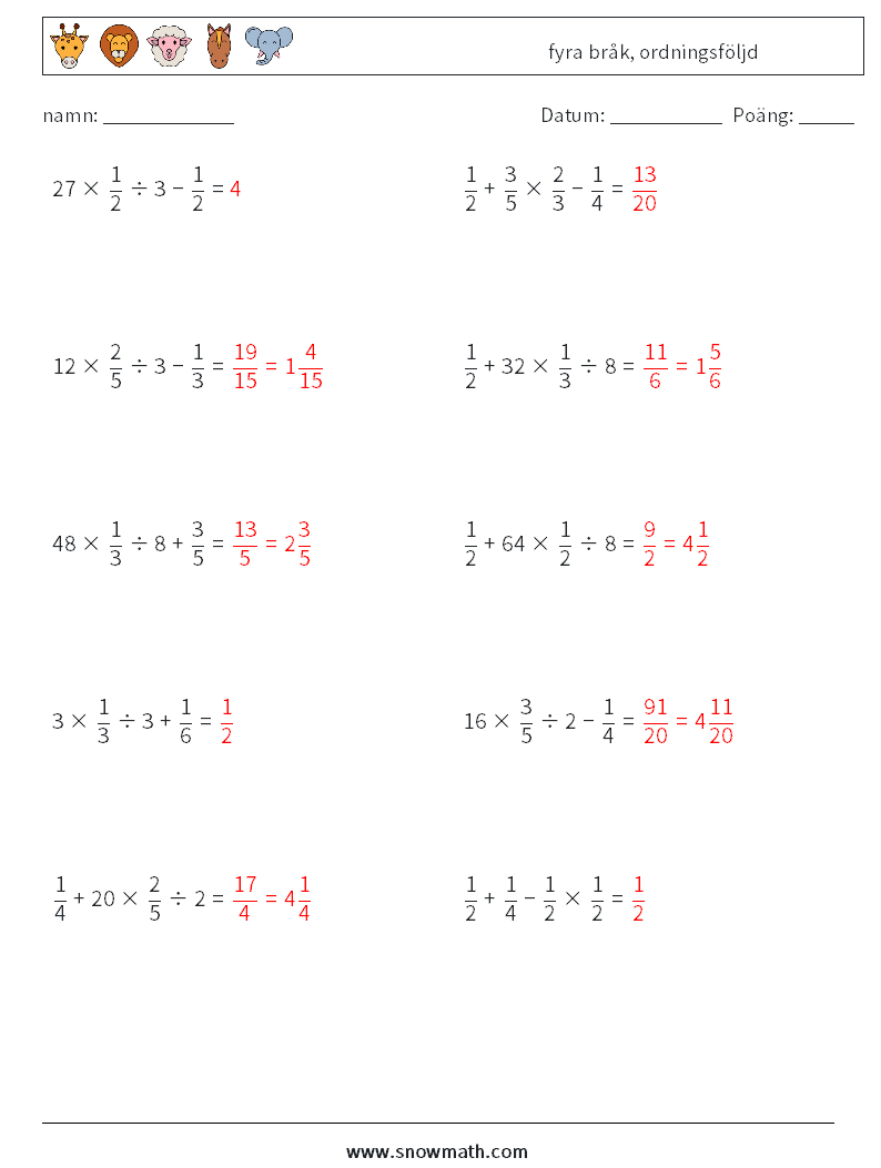 (10) fyra bråk, ordningsföljd Matematiska arbetsblad 13 Fråga, svar