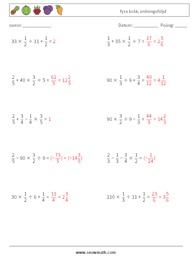 (10) fyra bråk, ordningsföljd Matematiska arbetsblad 14 Fråga, svar