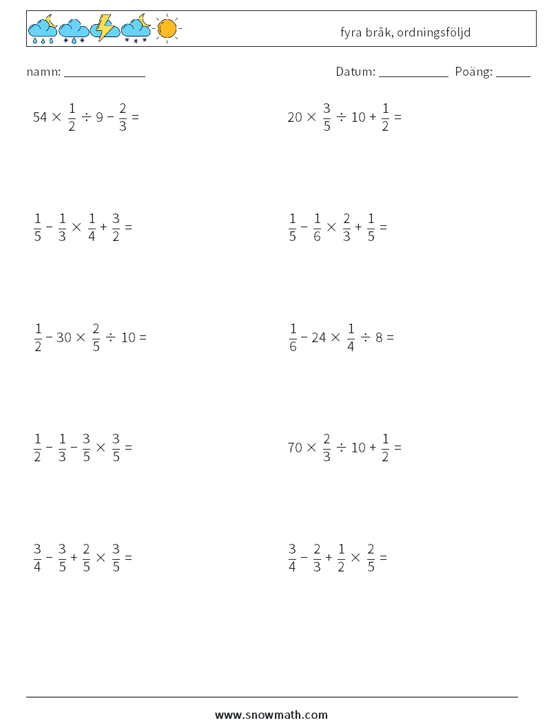 (10) fyra bråk, ordningsföljd Matematiska arbetsblad 16