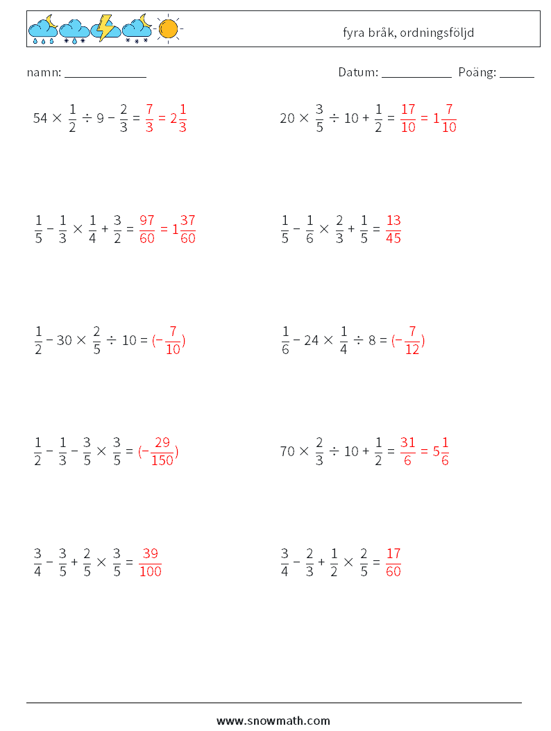 (10) fyra bråk, ordningsföljd Matematiska arbetsblad 16 Fråga, svar