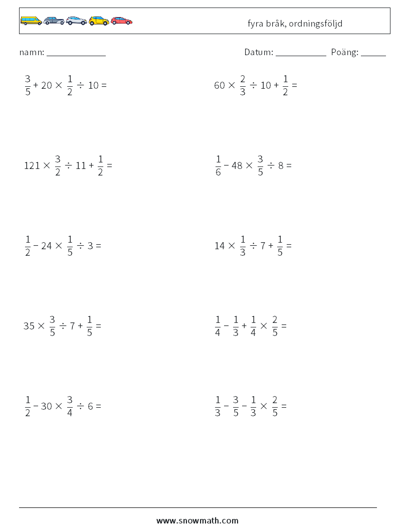 (10) fyra bråk, ordningsföljd Matematiska arbetsblad 17