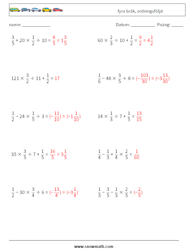 (10) fyra bråk, ordningsföljd Matematiska arbetsblad 17 Fråga, svar