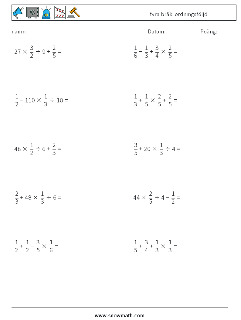 (10) fyra bråk, ordningsföljd Matematiska arbetsblad 18