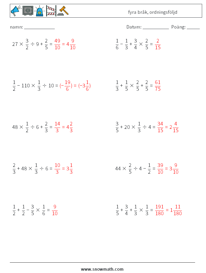 (10) fyra bråk, ordningsföljd Matematiska arbetsblad 18 Fråga, svar