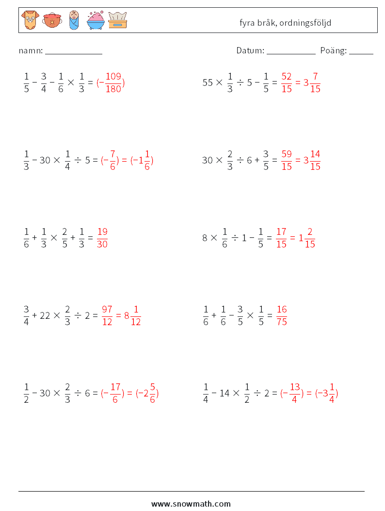 (10) fyra bråk, ordningsföljd Matematiska arbetsblad 1 Fråga, svar