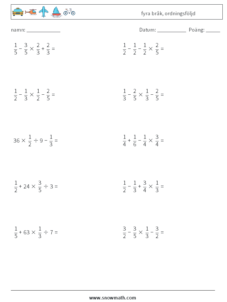 (10) fyra bråk, ordningsföljd Matematiska arbetsblad 2