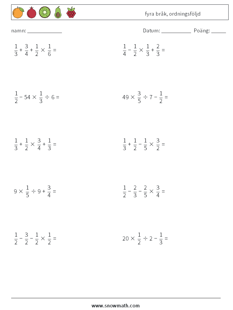 (10) fyra bråk, ordningsföljd Matematiska arbetsblad 3