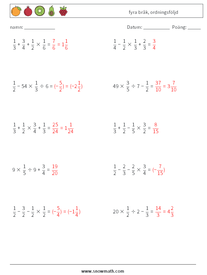 (10) fyra bråk, ordningsföljd Matematiska arbetsblad 3 Fråga, svar