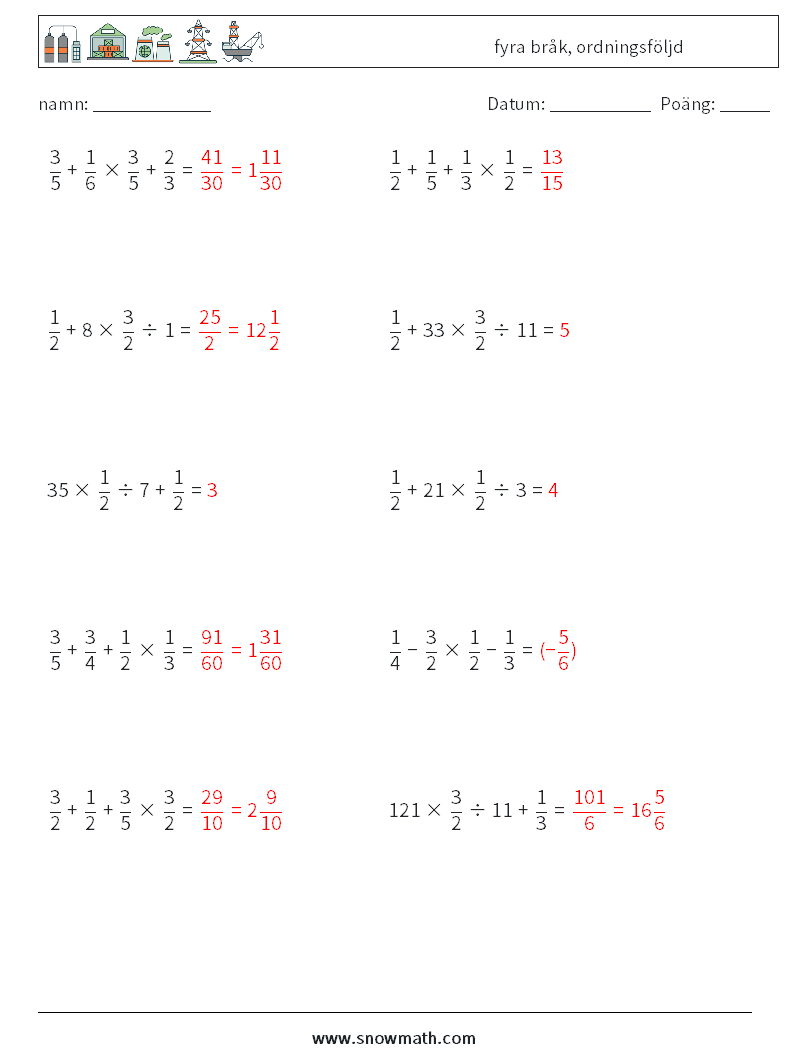 (10) fyra bråk, ordningsföljd Matematiska arbetsblad 4 Fråga, svar