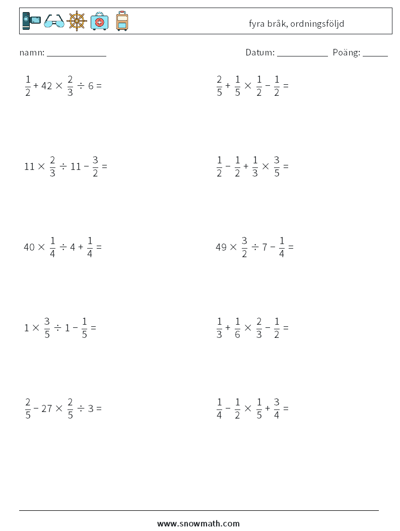 (10) fyra bråk, ordningsföljd Matematiska arbetsblad 5