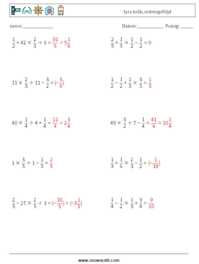 (10) fyra bråk, ordningsföljd Matematiska arbetsblad 5 Fråga, svar