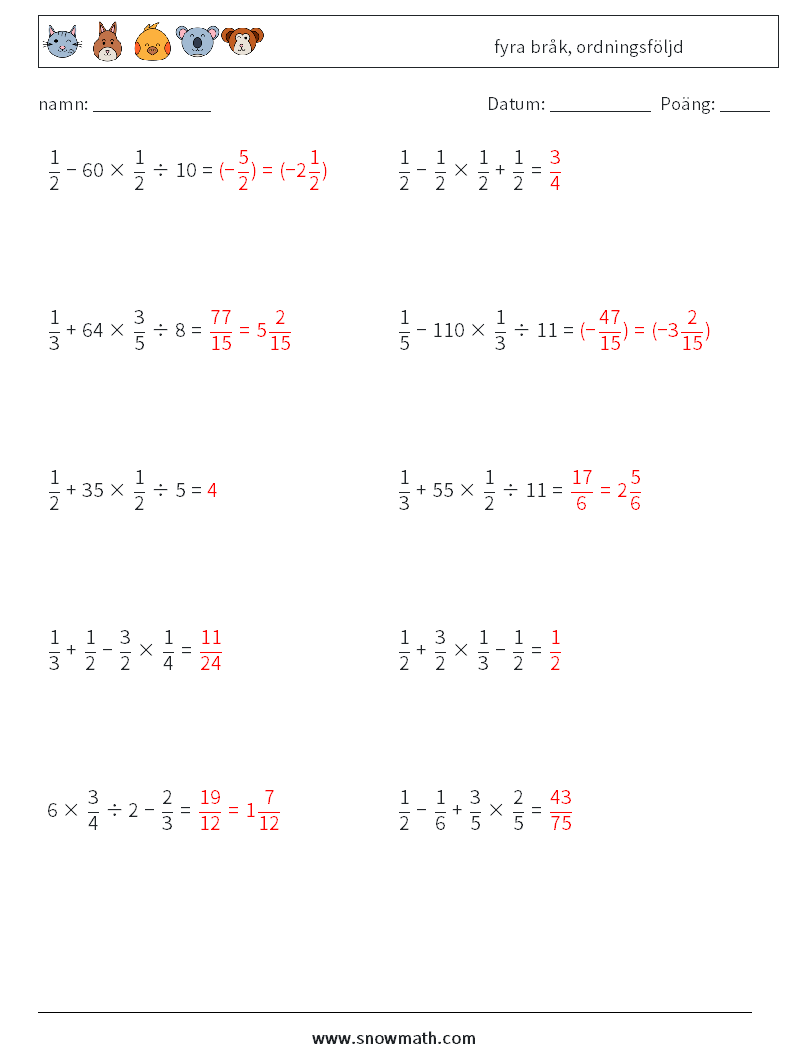 (10) fyra bråk, ordningsföljd Matematiska arbetsblad 6 Fråga, svar