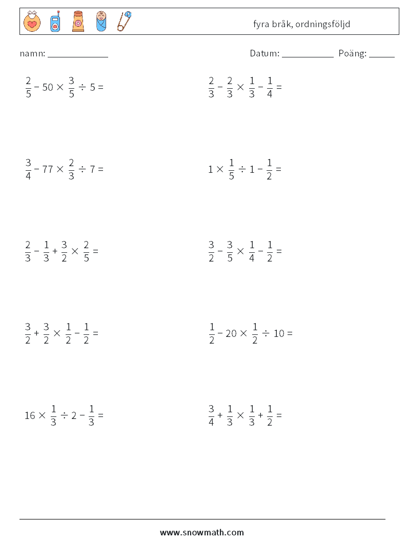 (10) fyra bråk, ordningsföljd Matematiska arbetsblad 7