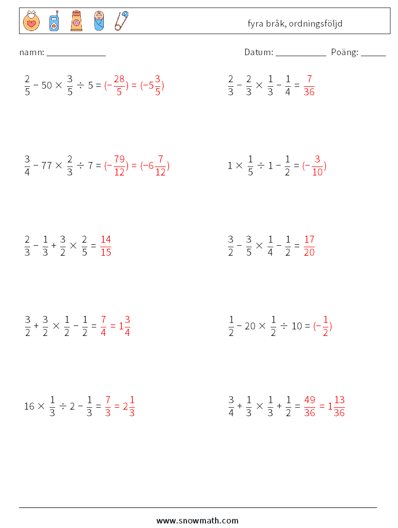 (10) fyra bråk, ordningsföljd Matematiska arbetsblad 7 Fråga, svar