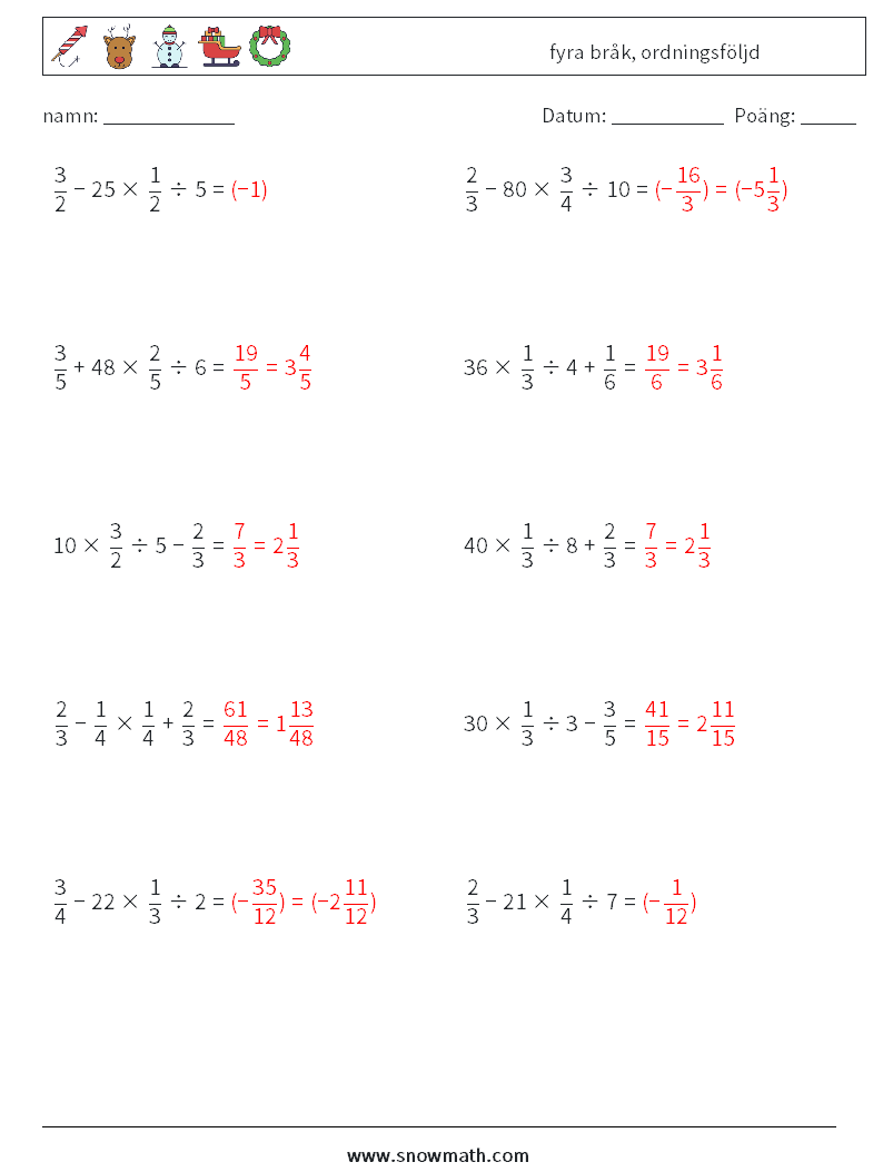 (10) fyra bråk, ordningsföljd Matematiska arbetsblad 8 Fråga, svar