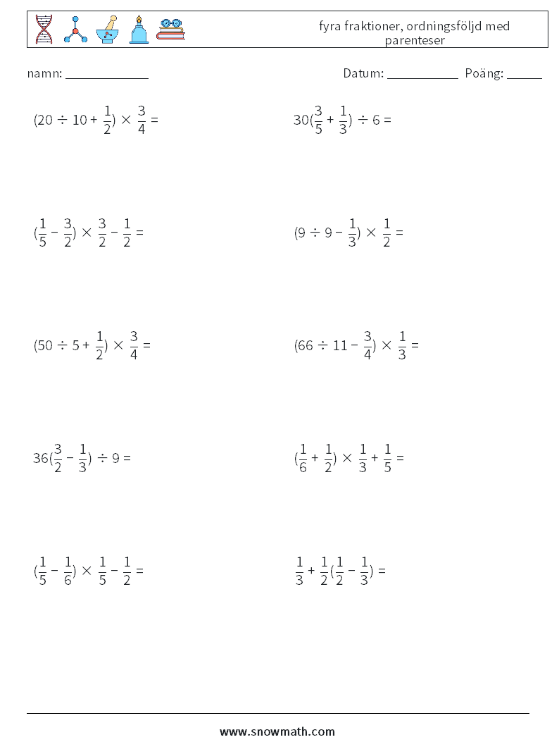 (10) fyra fraktioner, ordningsföljd med parenteser Matematiska arbetsblad 18