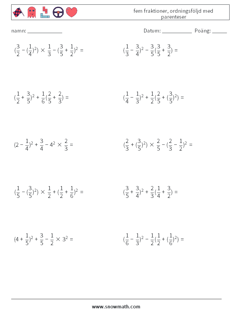 (10) fem fraktioner, ordningsföljd med parenteser Matematiska arbetsblad 18