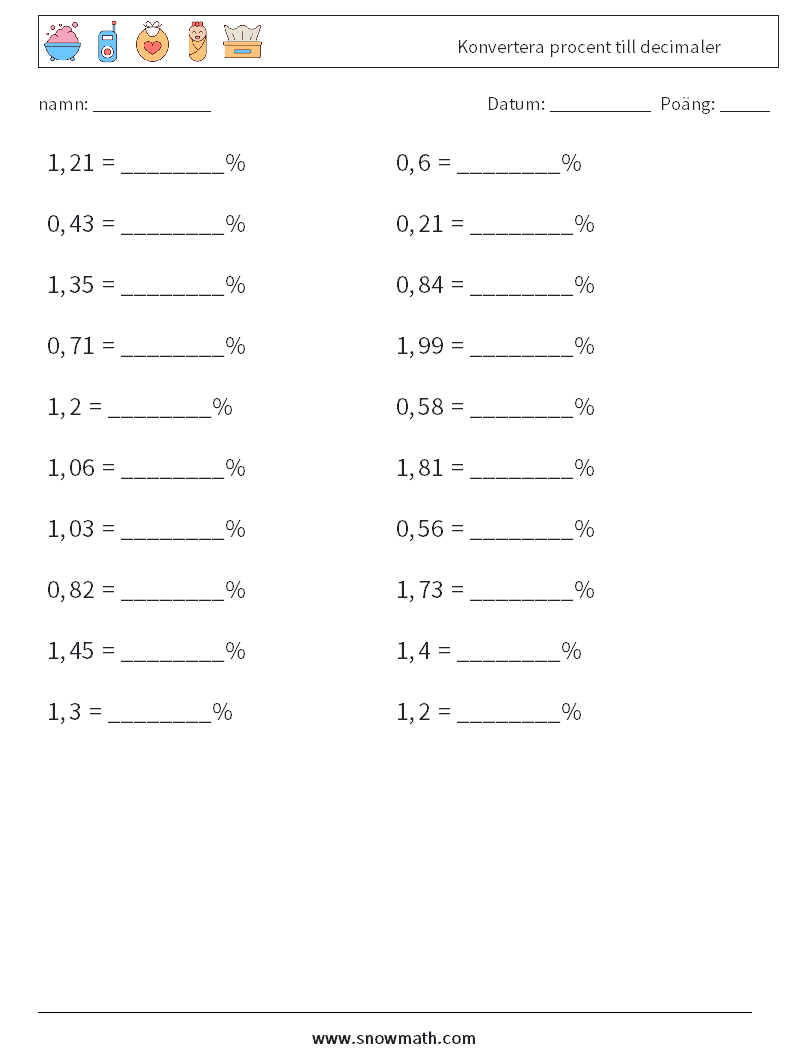 Konvertera procent till decimaler Matematiska arbetsblad 1