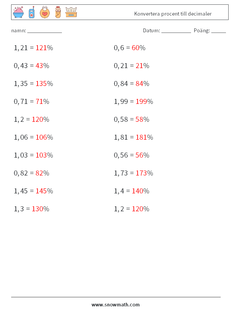 Konvertera procent till decimaler Matematiska arbetsblad 1 Fråga, svar