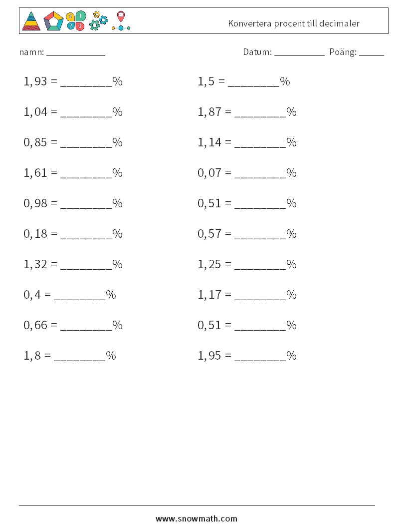 Konvertera procent till decimaler Matematiska arbetsblad 4