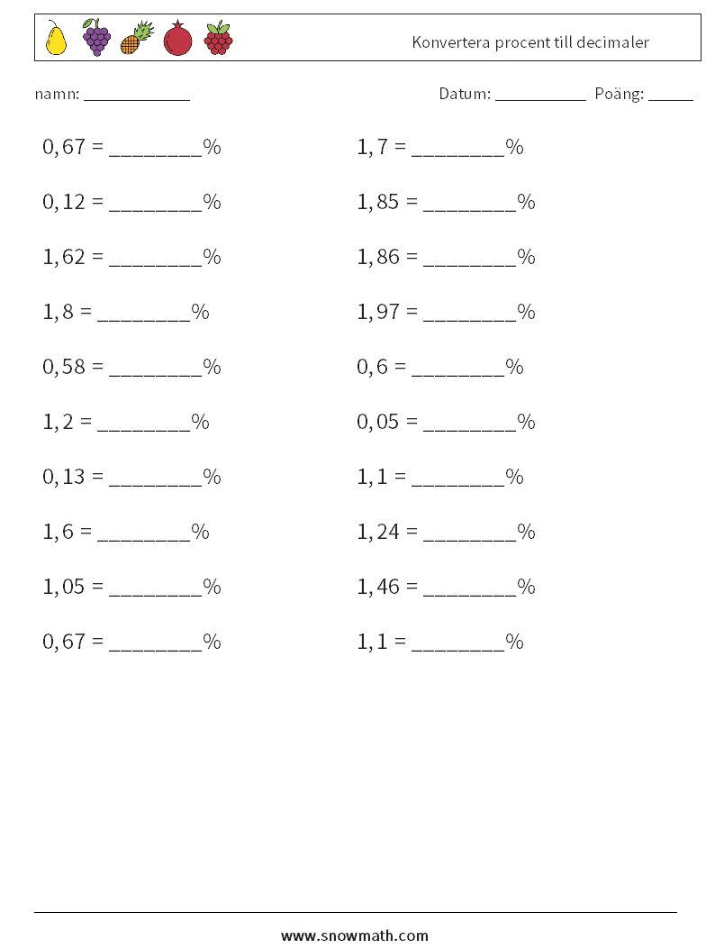 Konvertera procent till decimaler Matematiska arbetsblad 6