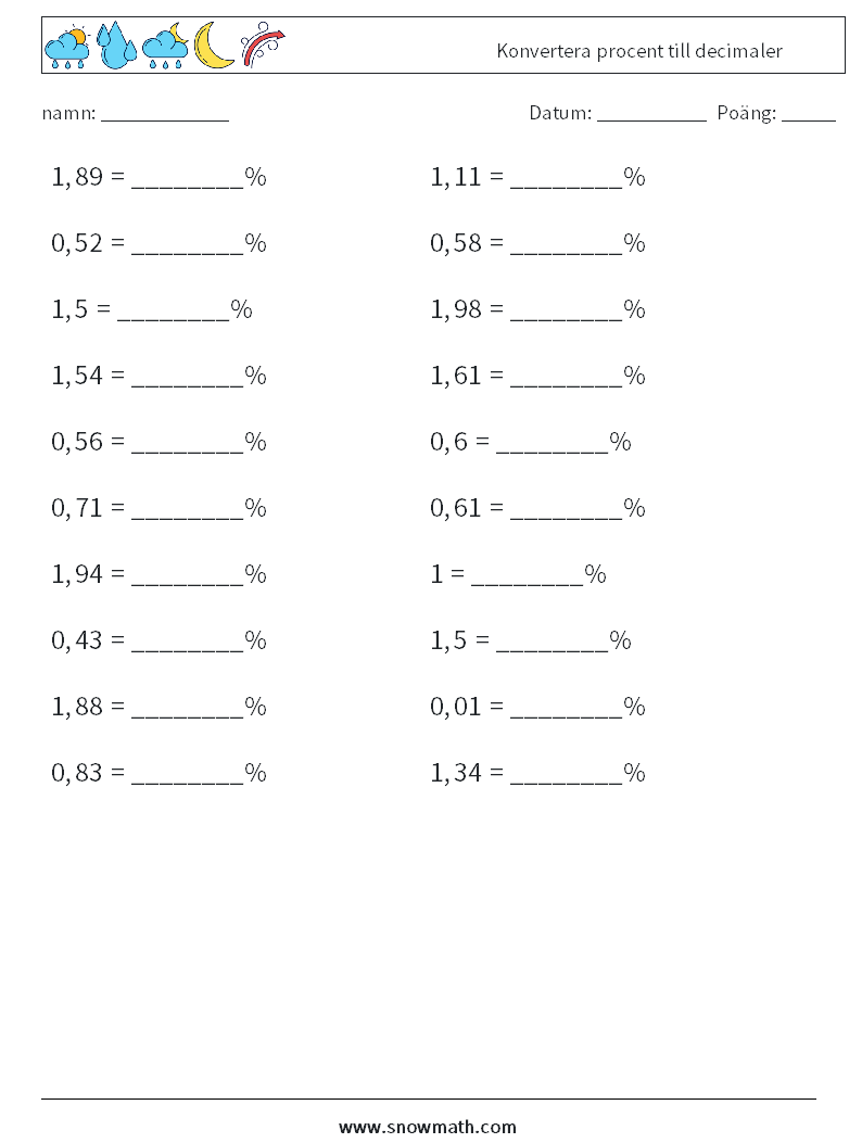 Konvertera procent till decimaler Matematiska arbetsblad 7