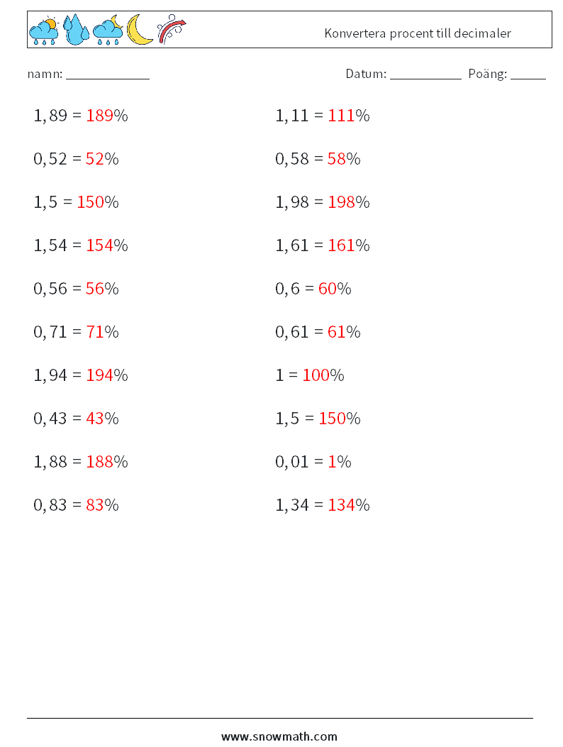 Konvertera procent till decimaler Matematiska arbetsblad 7 Fråga, svar