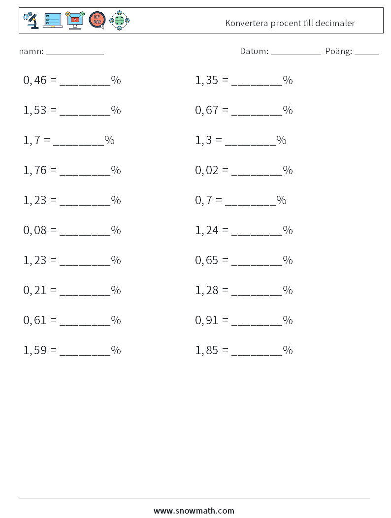 Konvertera procent till decimaler Matematiska arbetsblad 8