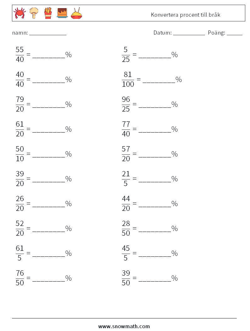 Konvertera procent till bråk Matematiska arbetsblad 1